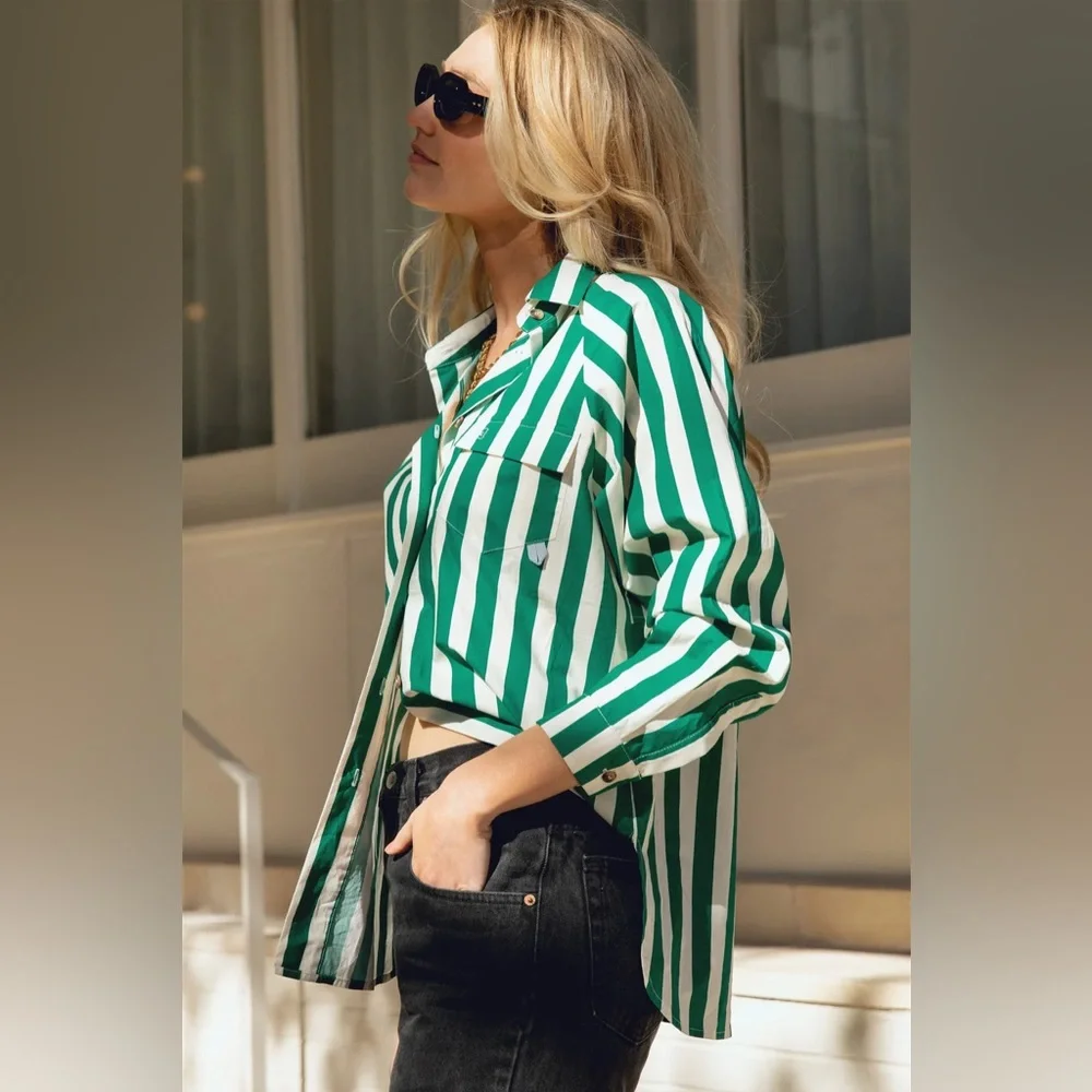 Lady Captain The Captain Shirt Green Cabana Stripe Button Up Fishing Long Sleeve - Picture 13 of 13